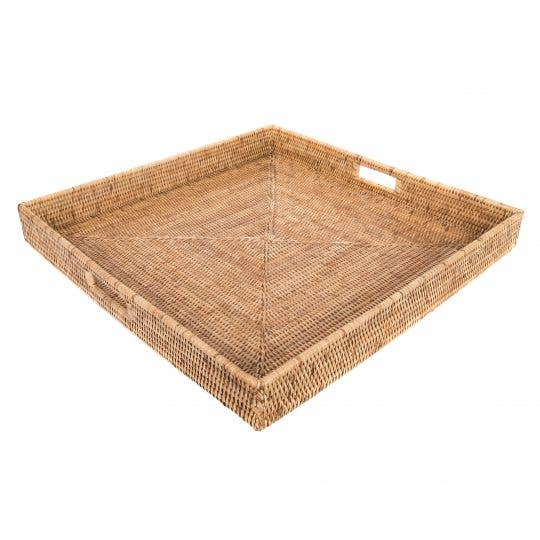 18" x 18" x 3" Rattan Square Ottoman Tray Honey Brown