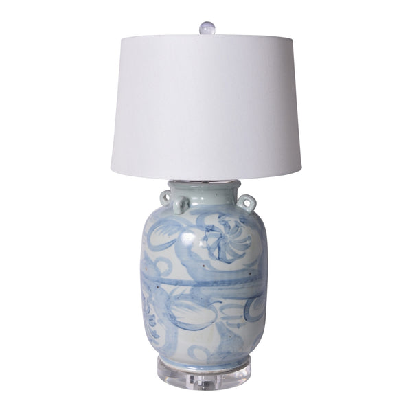 Blue & White Four Loop Handle Jar Twisted Flower Lamp