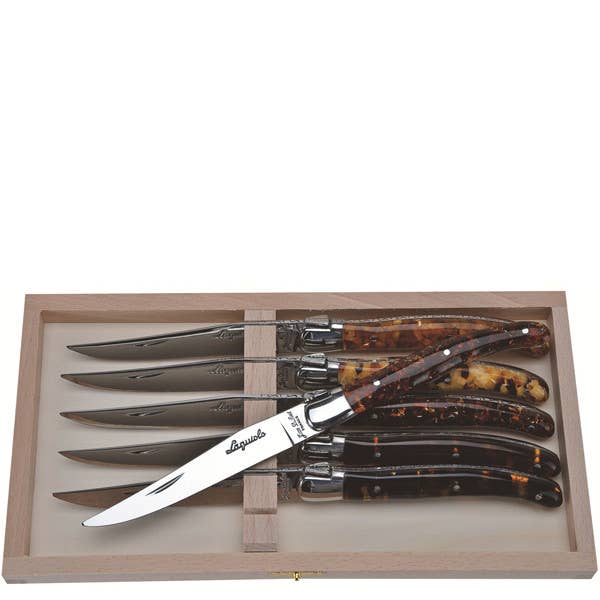 Jean Dubost 6 Steak Knives Acrylic Tortoiseshell Handles