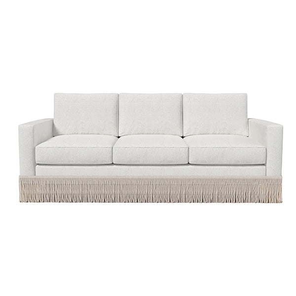 Bullion Fringe Sofa In Performance White Buckingham Fabric