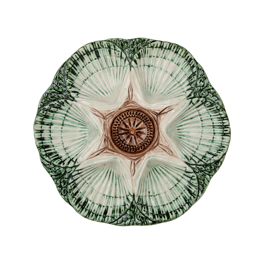 Oyster Plate, Green, Cream & Brown