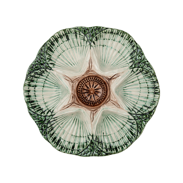 Oyster Plate, Green, Cream & Brown