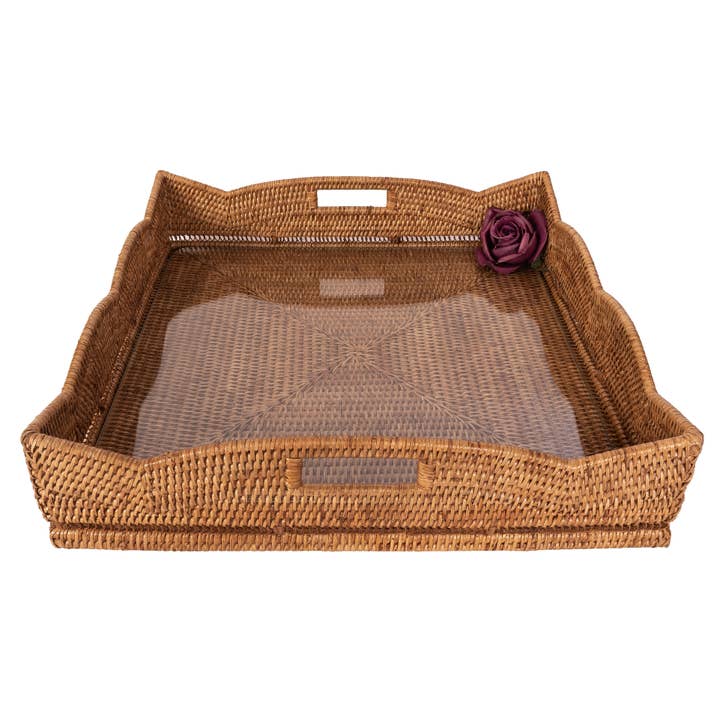 Scalloped Basket with Tray Honey, White Wash, or Tudor Black
