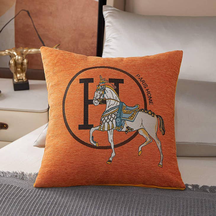 Hermes Inspired Horse Pillow Cover Orange