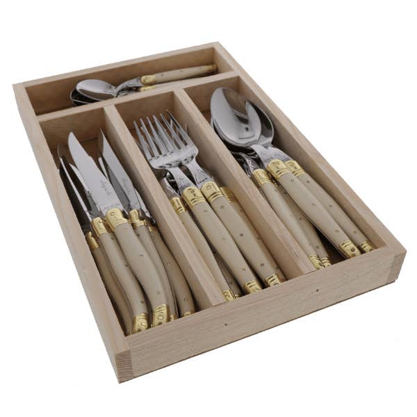 Jean Dubost 24 Piece Everyday Flatware Set in Ivory & Brass