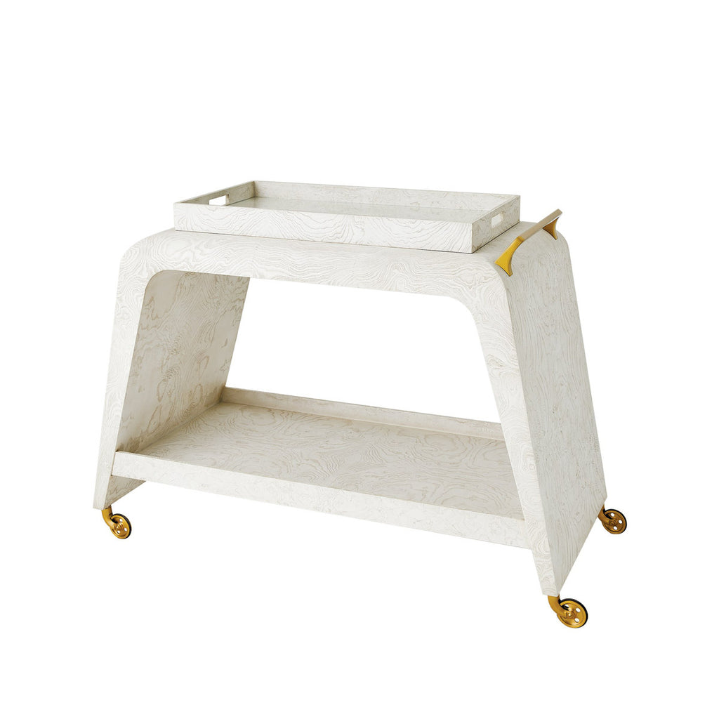 White Burl Bar Cart with Tray