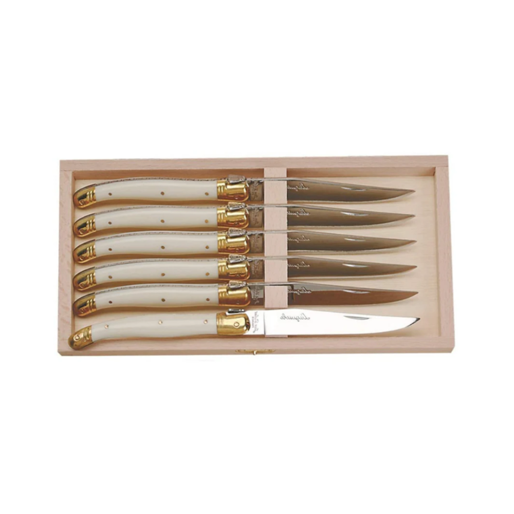 Jean Dubost 6 Steak Knives Ivory Colored Handle