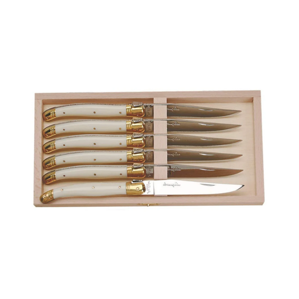 Jean Dubost 6 Steak Knives Ivory Colored Handle