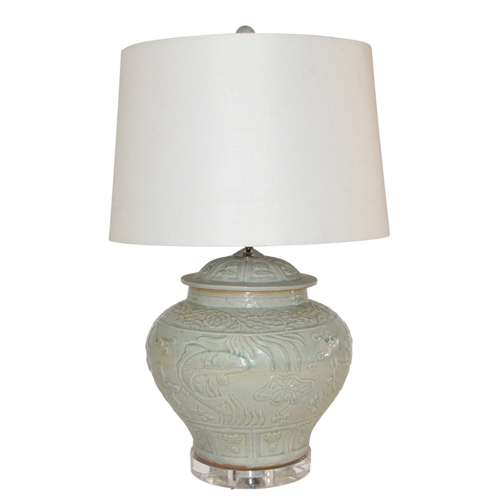 Sage Green Embossed Fish Porcelain Ginger Jar Lamp