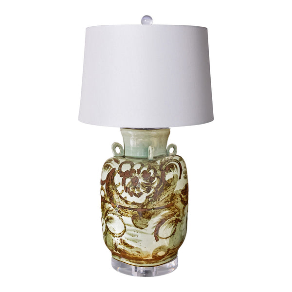 Rustic Brown Silla Flower Four Loop Handle Porcelain Jar Lamp