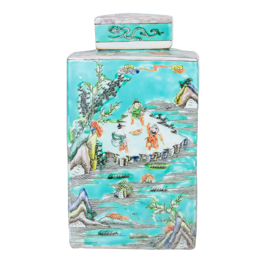 Tea Jar Green Landscape Motif