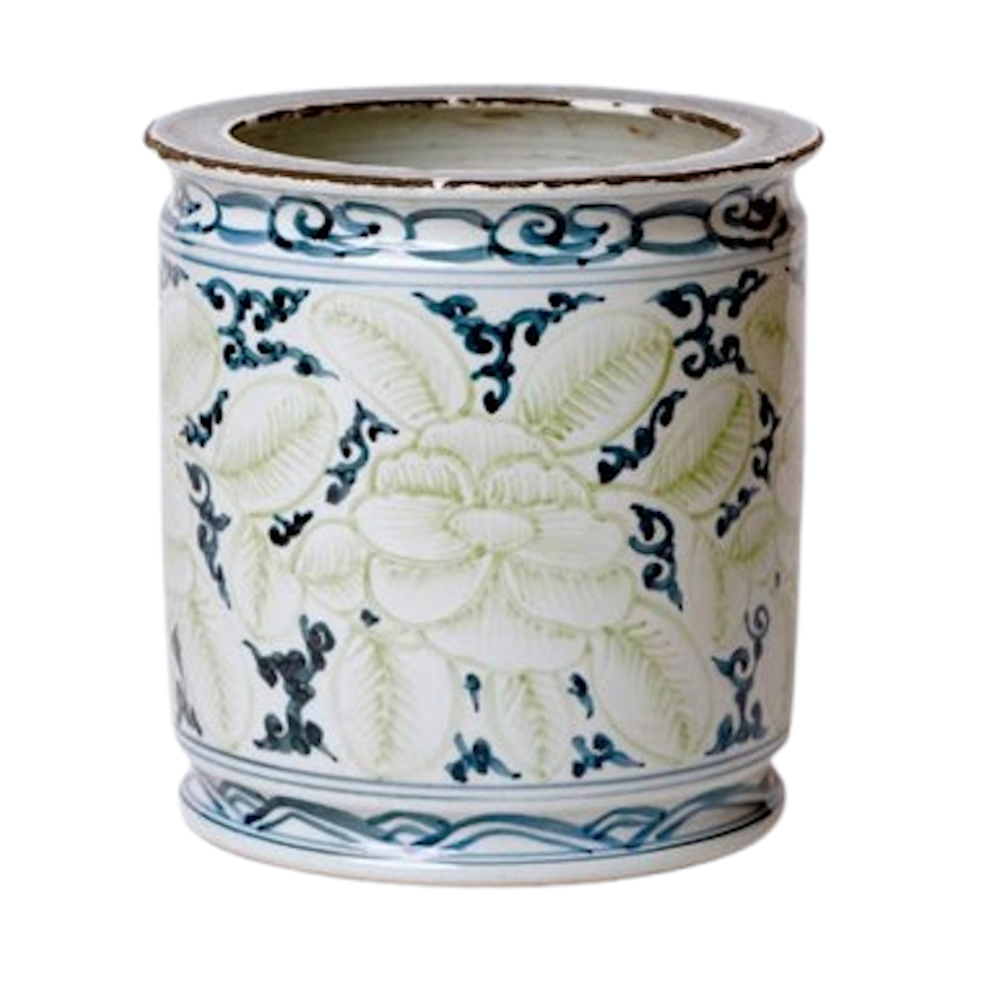 Rustic Blue and Green Floral Porcelain Cachepot