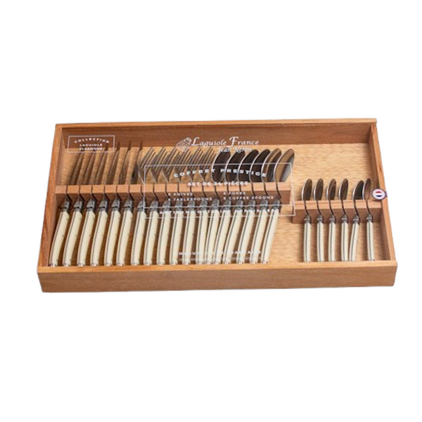JLaguiole 24 Piece Flatware Set, Ivory in Wood Box with Acrylic Lid