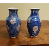 Pair of Blue and White Vases with Flower Pattern Handpainted Vintage Chinese