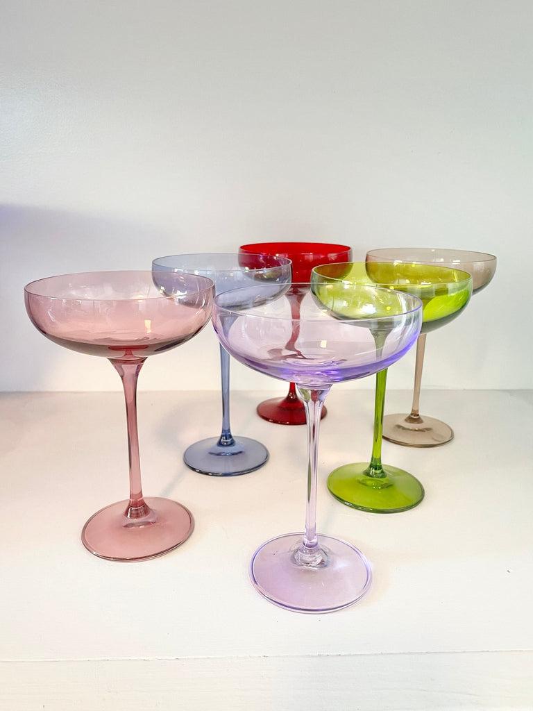 ESTELLE COLORED CHAMPAGNE COUPE STEMWARE SET OF 6 {MIXED SET