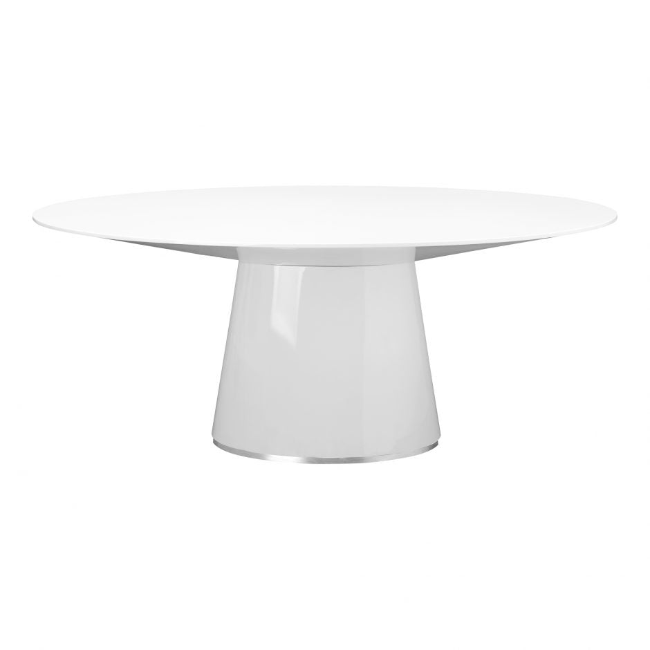 Oval and Stainless Steel White Lacquer Dining Table