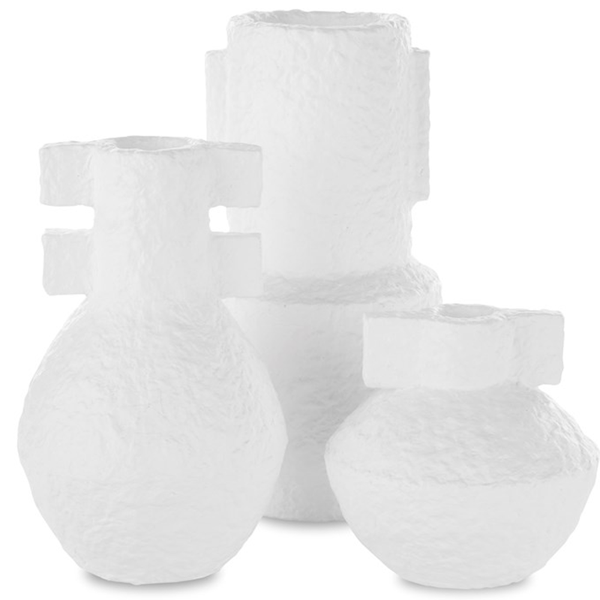 Papier Mache Terracotta Textured White Vases (Set of 3)