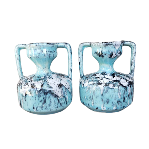 Vintage Fine Italian Pottery, Aqua Blue and White Pair of Cabinet Vases Spatterware, Chinoiserie Style Vases with Handles