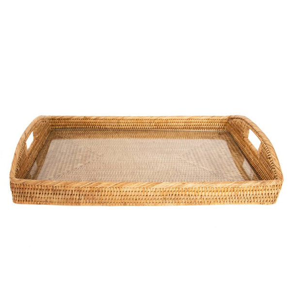 21" x 14" x 2" Rattan Rectangular Tray with Glass Insert 3 color choices